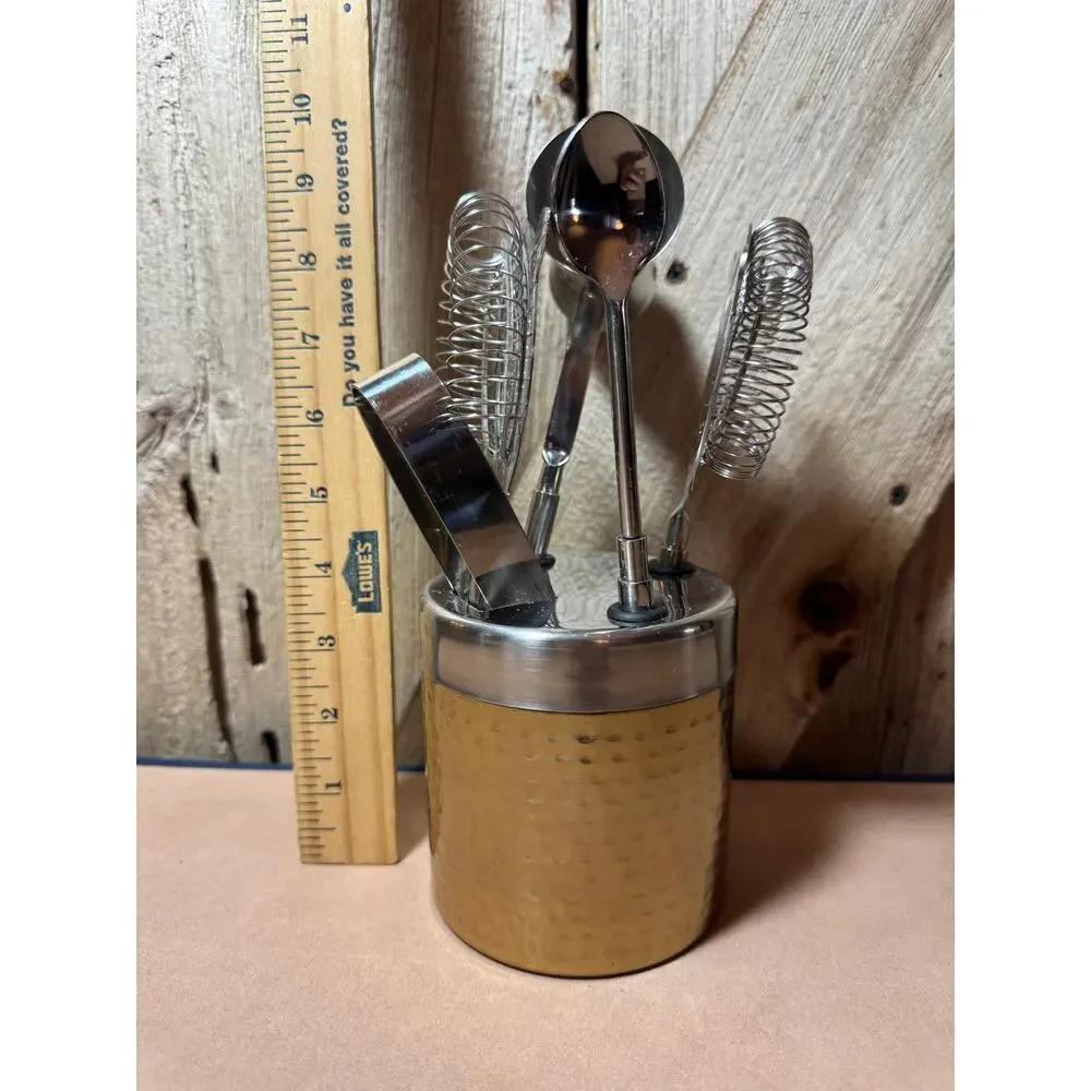 Hammered Brass Barcraft Cocktail Tool Kit & Stand 6 Piece Barware Set Drinks